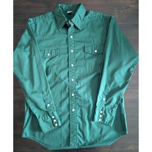 Vintage Malco Modes Mens Western Pearl Snap Shirt Green Made in USA Size M 16 34